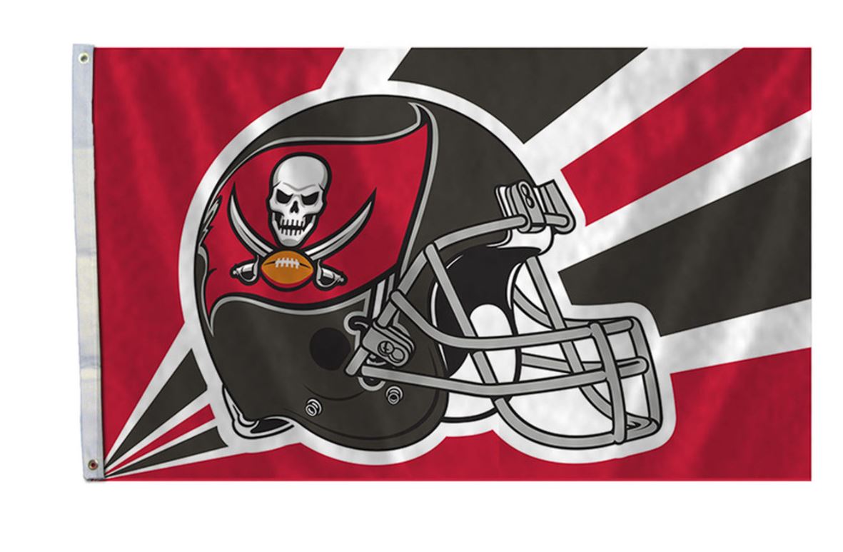 Tampa Bay Buccaneers 3' x 5' Polyester Flag featuring a skull with helmet design, header, and brass grommets.