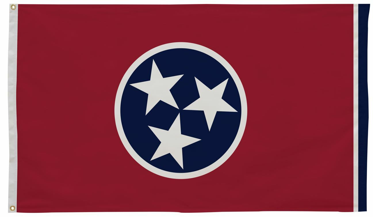 Tennessee State Flag 3' x 5' Printed Nylon with white stars, strong canvas header, and brass grommets for outdoor use.