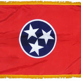 Tennessee State Flag 3' x 5' INDOOR Printed Nylon, featuring a crimson St. Andrew's cross on a white field, with a pole sleeve and golden yellow fringe.