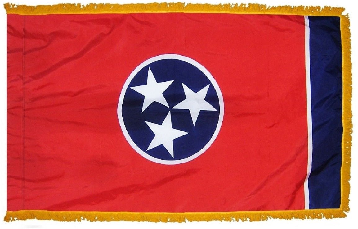 Tennessee State Flag 3' x 5' INDOOR Printed Nylon, featuring a crimson St. Andrew's cross on a white field, with a pole sleeve and golden yellow fringe.