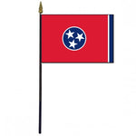 Tennessee Stick Flag - 4 x 6 Desktop Flag, mounted on a 10.5 plastic stick with a gold spear finial, featuring white stars in a circle design.