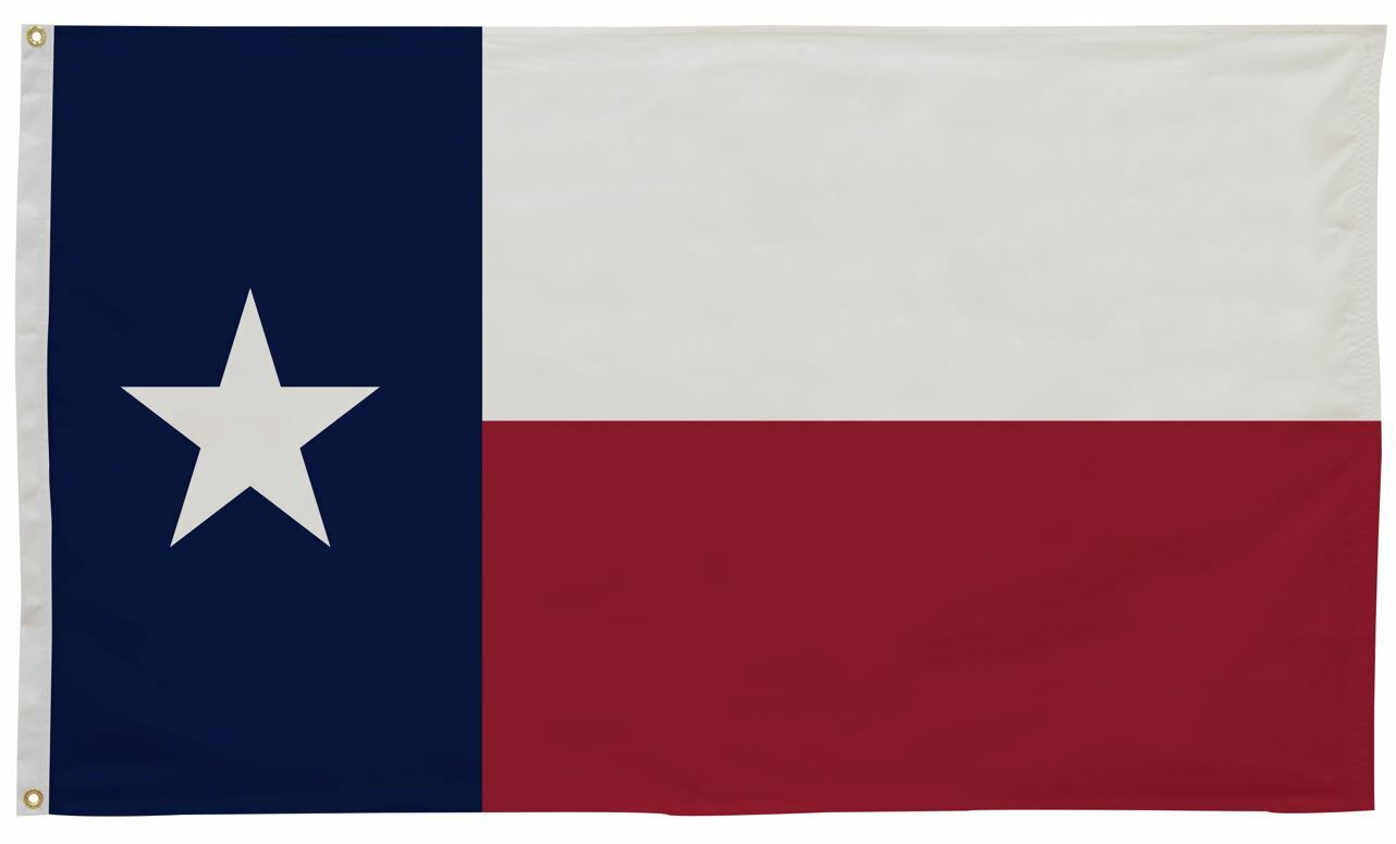 Texas State Flag 12 x 18 printed nylon with a white star on a blue background, red fabric, canvas header, and brass grommets for outdoor use.