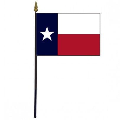 Texas Stick Flag - 4 x 6 Desktop Flag with white star on blue, red and white sections, mounted on a 10.5 plastic stick with gold spear finial.