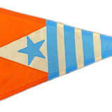 Custom SEWN Applique PENNANT: Triangle-shaped flag featuring a prominent blue star on white and orange fabric, crafted with double-layered UV-resistant nylon and brass grommets.