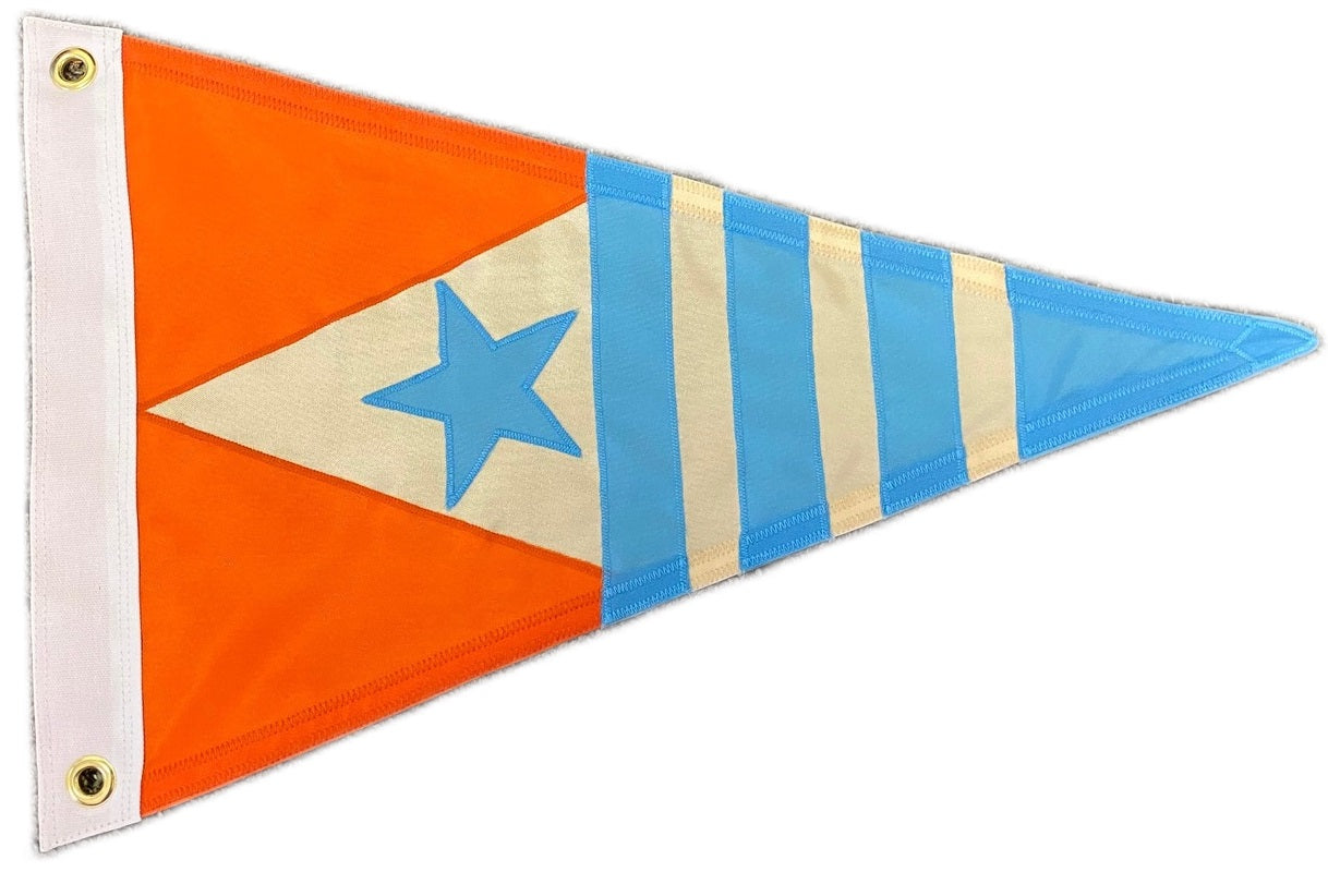 Custom SEWN Applique PENNANT: Triangle-shaped flag featuring a prominent blue star on white and orange fabric, crafted with double-layered UV-resistant nylon and brass grommets.