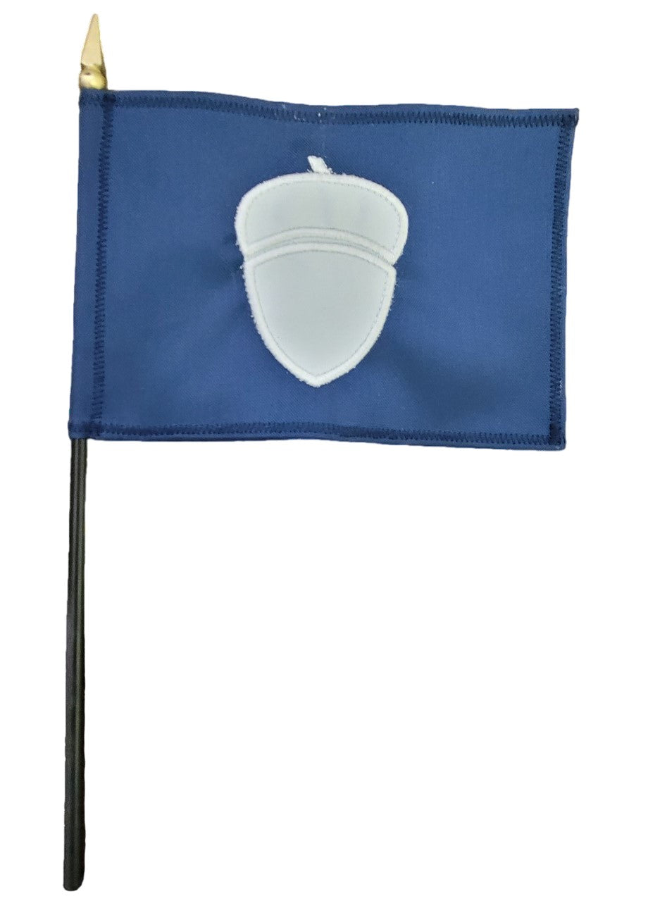 Treasurer Yacht Club Officer 4 x 6 Sewn Applique Stick Table Flag with white acorn design on blue fabric, attached to black plastic staff with gold top.