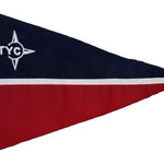 Custom SEWN Applique PENNANT with a red, white, and blue triangle flag design, featuring a star and letter symbol, made of durable UV-resistant nylon.