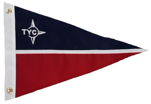 Custom SEWN Applique PENNANT with a red, white, and blue triangle flag design, featuring a star and letter symbol, made of durable UV-resistant nylon.