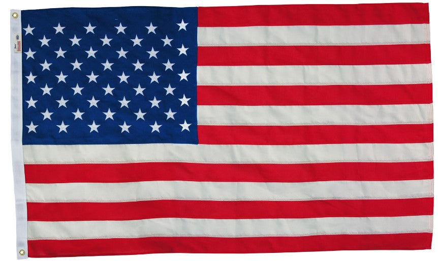 3' x 5' American Flag - 100% Premium Cotton US Flag with Embroidered Stars and Sewn Stripes, showcasing durable material, strong canvas header, and brass grommets.