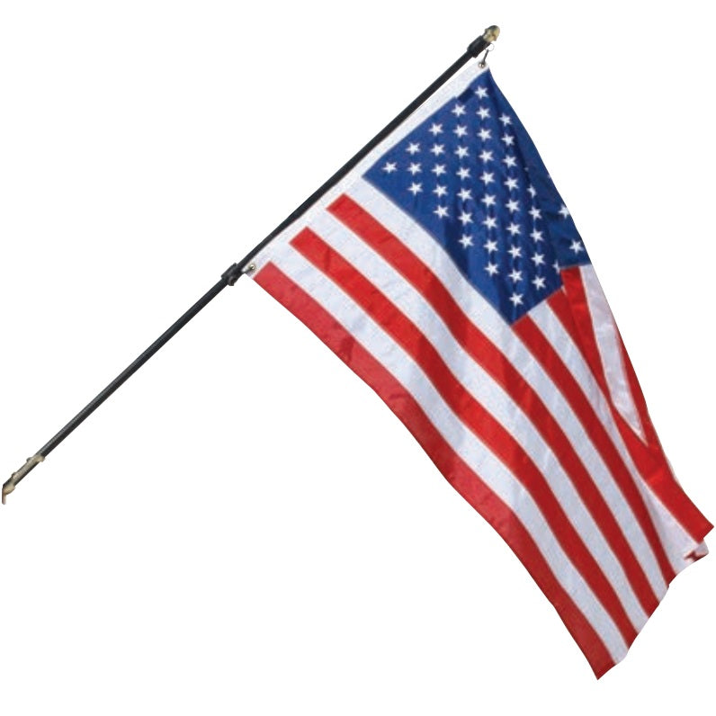 3x5' American Flag and Never Furl 6' Black Pole Kit, featuring a nylon flag on a black fiberglass pole with solid brass accents and mounting bracket.