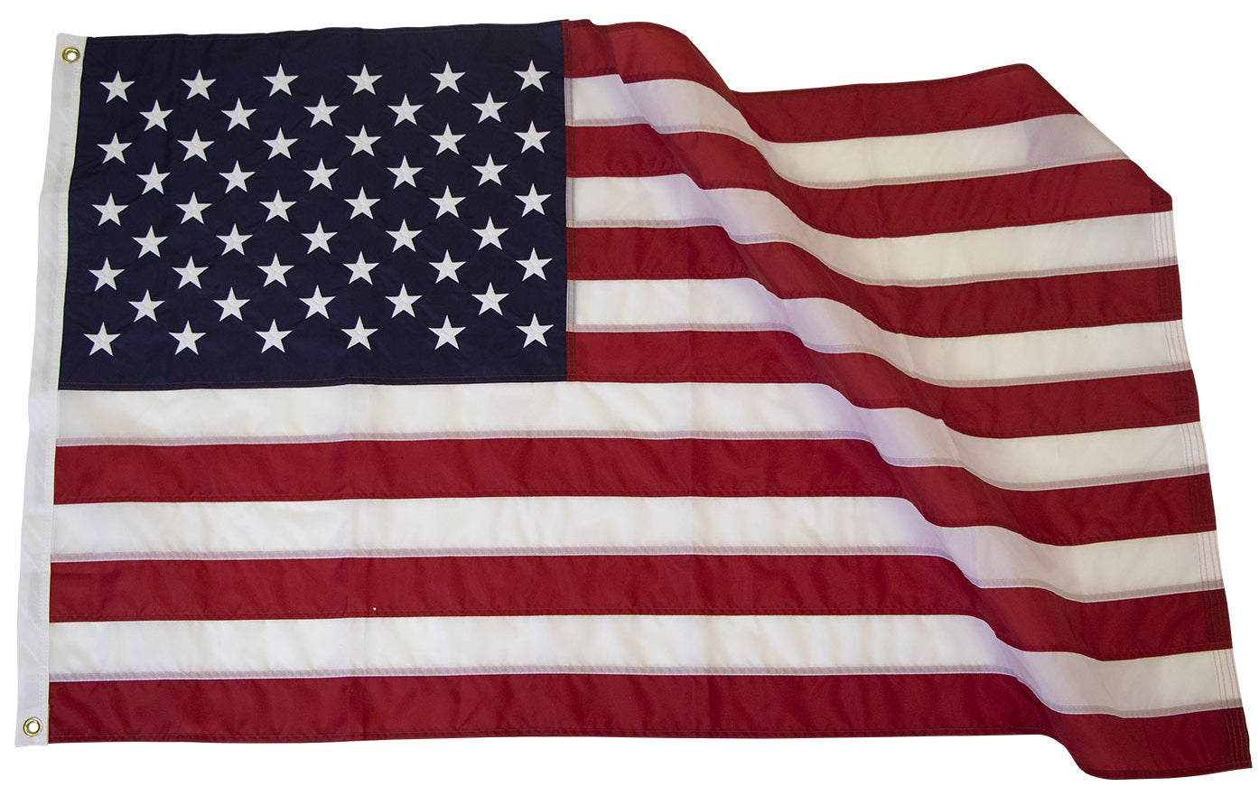 6' x 10' American Flag - Nylon US Flag with embroidered stars and sewn stripes, showcasing durable nylon material and brass grommets for strength and longevity.