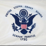 US Coast Guard Flag Printed Nylon 2' x 3', featuring an eagle with a shield, dark blue inscriptions, and brass grommets for display.