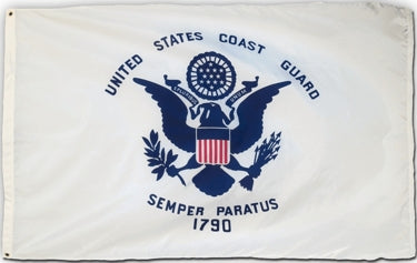 US Coast Guard Flag Printed Nylon 2' x 3', featuring an eagle with a shield, dark blue inscriptions, and brass grommets for display.