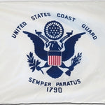 US Coast Guard Flag Printed Nylon 12 x 18' with emblem featuring an eagle, shield, and inscriptions UNITED STATES COAST GUARD and SEMPER PARATUS with 1790.