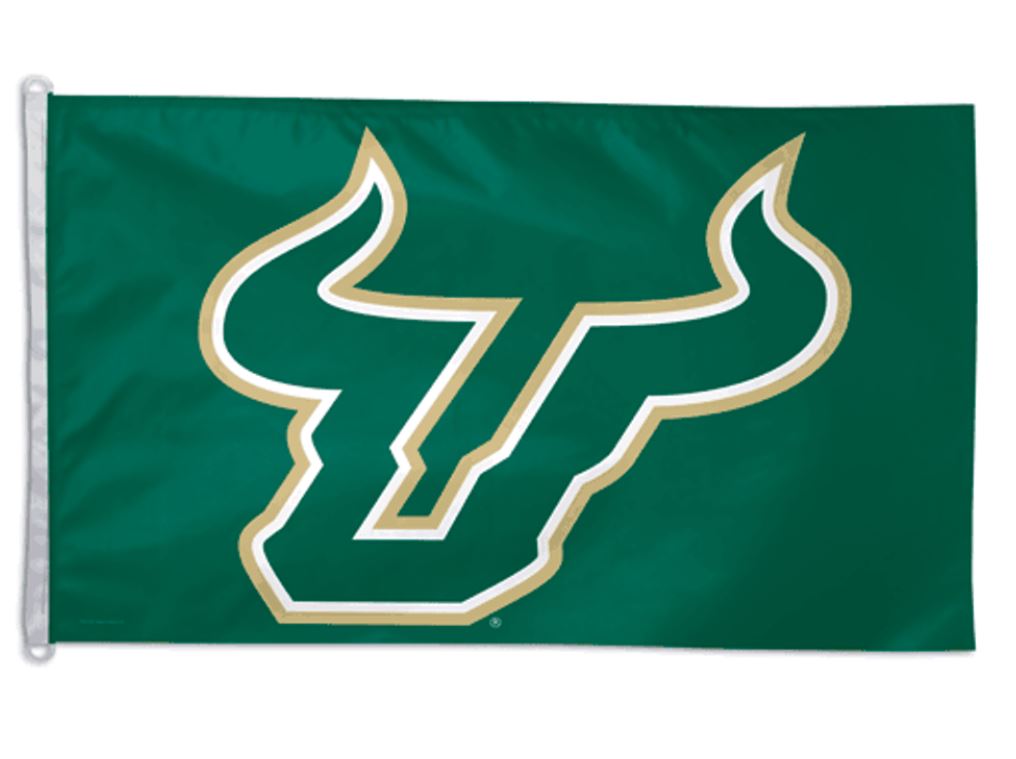 University of South Florida Bulls 3' x 5' Polyester Flag featuring a white logo, header, and attached D-rings, officially licensed NCAA team merchandise.