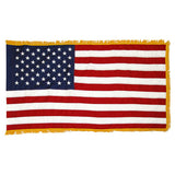 American US Flag with embroidered stars, sewn stripes, and gold fringe, 4' x 6', made of 100% nylon for indoor use, featuring a sleeve for hanging.