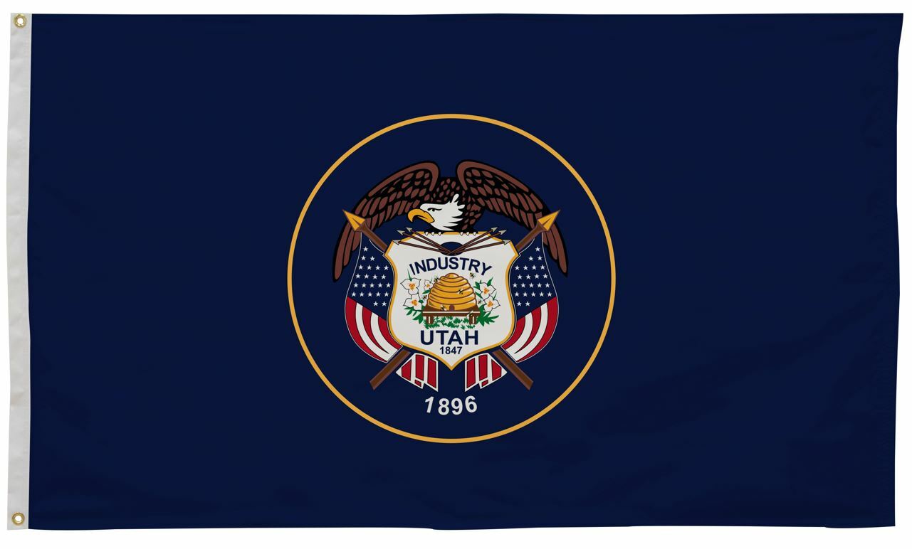 Utah State Flag 5' x 8' Printed Nylon featuring a white eagle and yellow circle on a blue background with brass grommets and strong canvas header.