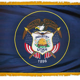 Utah State Flag 3' x 5' INDOOR Printed Nylon with eagle, shield, and beehive emblem, featuring a yellow fringe and flannel-lined pole sleeve with Velcro tabs.