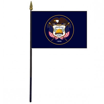 Utah Stick Flag - 4 x 6 Desktop Flag, features an eagle emblem, mounted on a 10.5 plastic stick with a gold spear finial.