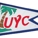 Custom SEWN Applique BURGEE with palm tree and red text on white pennant, featuring durable 200 denier nylon, brass grommets, and hand-sewn details.