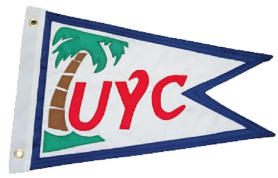 Custom SEWN Applique BURGEE with palm tree and red text on white pennant, featuring durable 200 denier nylon, brass grommets, and hand-sewn details.