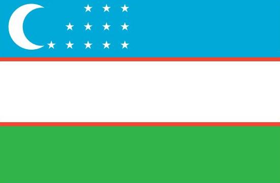 Uzbekistan Flag Printed Nylon 3' x 5' featuring a crescent moon, stars, and stripes, designed for indoor or outdoor use with brass grommets and durable stitching.