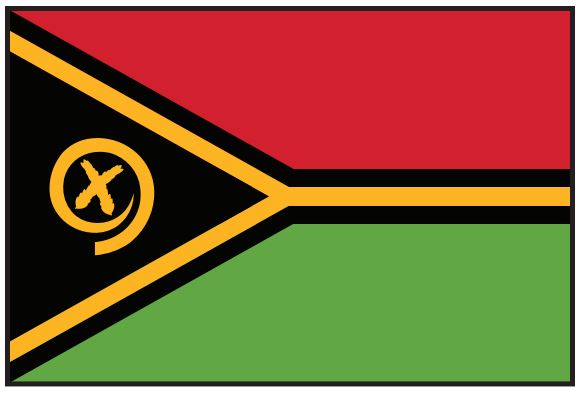 Vanuatu Courtesy Flag 12 x 18 Nylon, featuring a yellow X in a black and red triangle, made from Marine-grade nylon with canvas header and brass grommets.