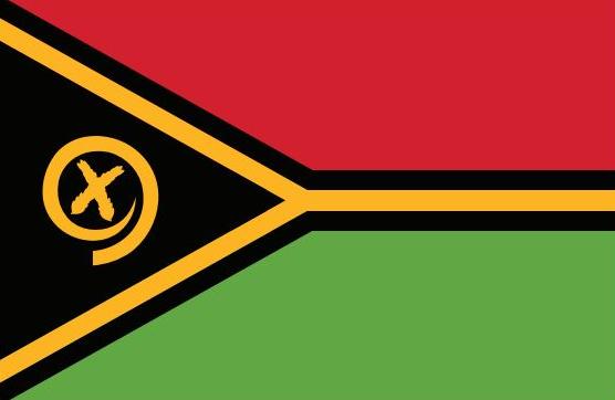 Vanuatu Flag Printed Nylon 3' x 5' with black, yellow, red triangle; red and green stripes; strong canvas header; brass grommets; UV resistant; suitable for indoor/outdoor use.