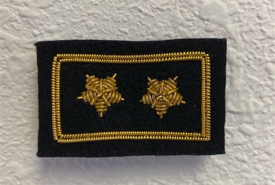 Vice Commodore Yacht Club Officer Insignia Pin with two gold stars, embroidered on black felt, featuring a hand-stitched bullion wire outline and a pin back.