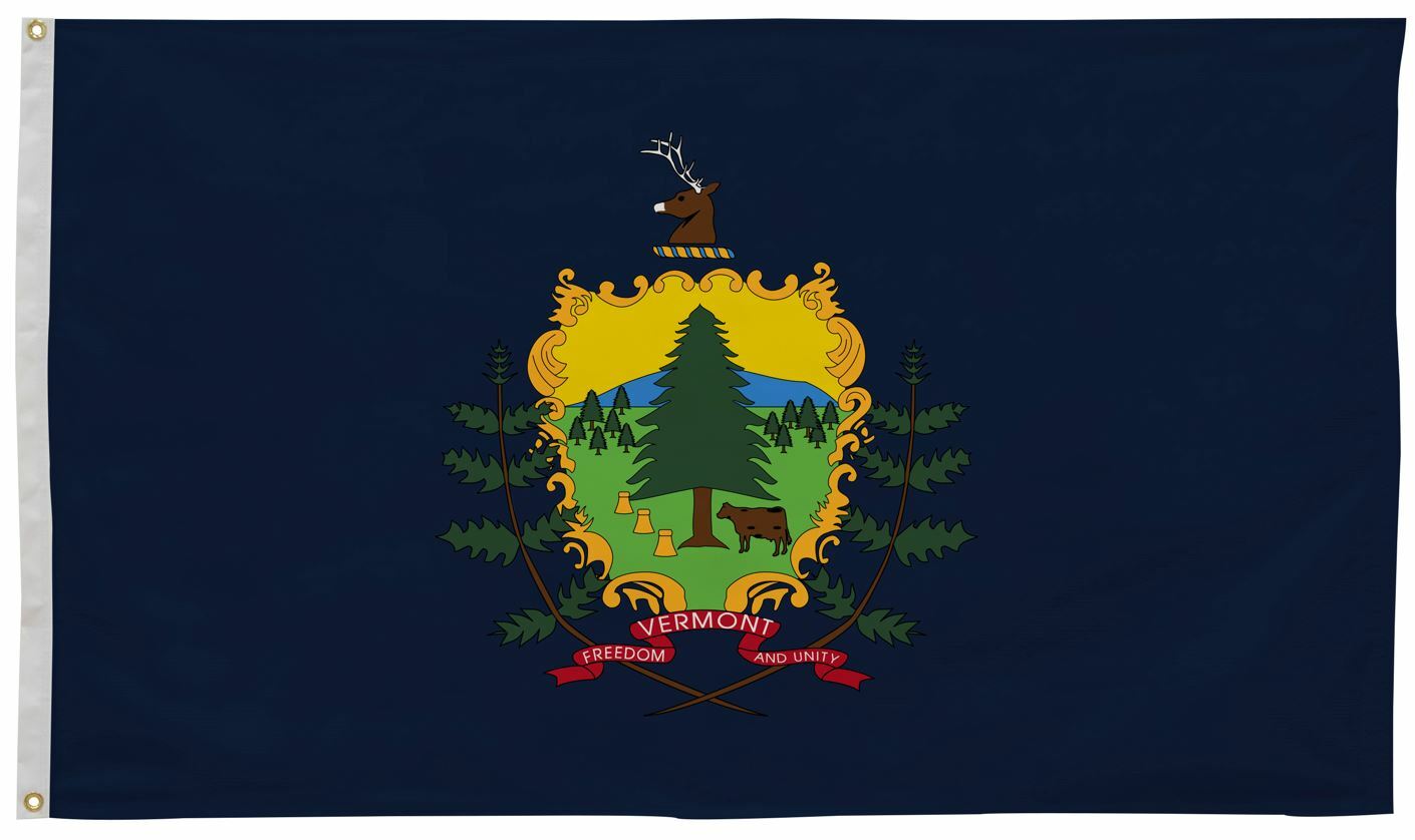 Vermont State Flag 3' x 5' Printed Nylon featuring a deer, cow, and tree, made of UV-resistant nylon, with brass grommets for outdoor use.