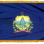 Vermont State Flag 4' x 6' INDOOR Printed Nylon with yellow fringe, featuring a tree and cow emblem, and pole sleeve with Velcro tabs.