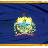 Vermont State Flag 4' x 6' INDOOR Printed Nylon with yellow fringe, featuring a tree and cow emblem, and pole sleeve with Velcro tabs.