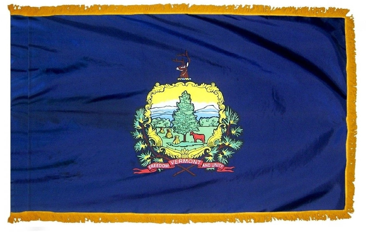 Vermont State Flag 4' x 6' INDOOR Printed Nylon with yellow fringe, featuring a tree and cow emblem, and pole sleeve with Velcro tabs.