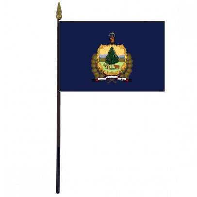 Vermont Stick Flag - 4 x 6 Desktop Flag with a gold emblem, mounted on a 10.5 plastic stick with a gold spear finial.