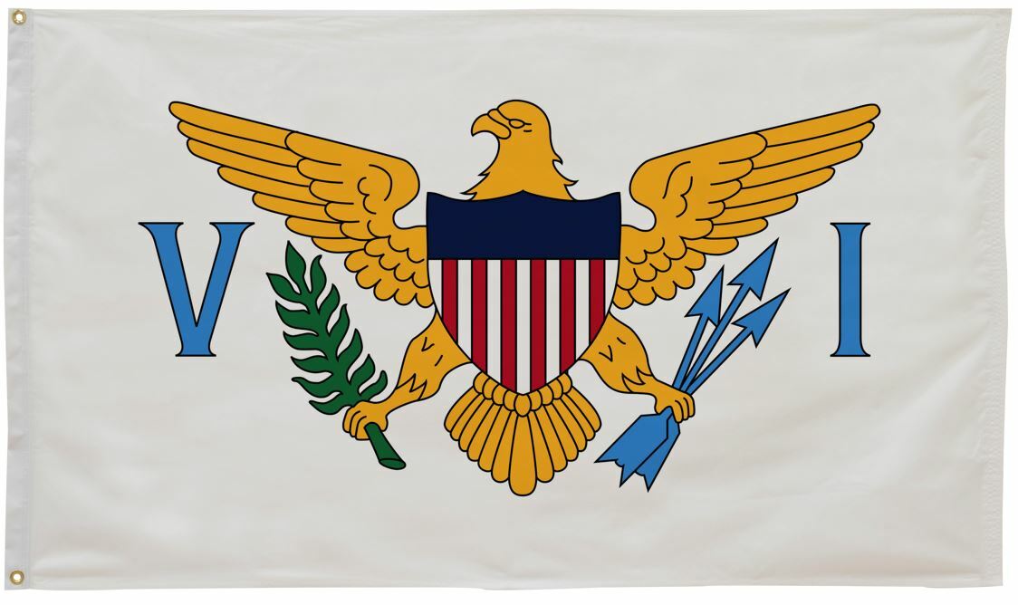 US Virgin Islands Flag 6' x 10' printed nylon with strong canvas header, solid brass grommets, and UV resistant design for outdoor use.