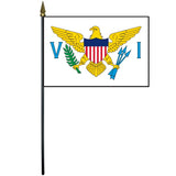 Virgin Islands Stick Flag 4 x 6 Desktop Flag-BOX of 12, featuring gold eagle and blue/red text, mounted on 10.5 plastic sticks with gold spear finials.