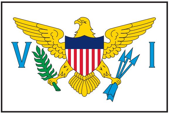 US Virgin Islands Courtesy Flag 12 x 18, featuring a shield with a yellow bird and blue wings, made of marine-grade nylon with brass grommets.