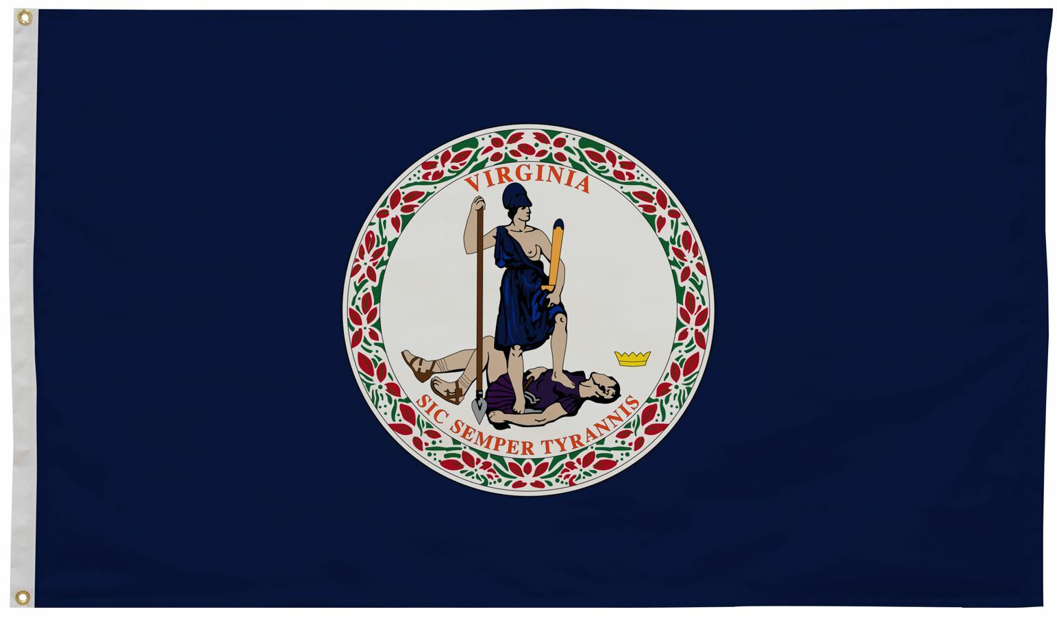 Virginia State Flag 4' x 6' Printed Nylon with a crimson St. Andrew's cross, canvas header, brass grommets, and UV-resistant nylon for outdoor use.