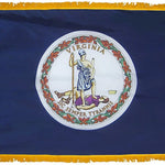 Virginia State Flag 4' x 6' INDOOR Printed Nylon with emblem of a man holding a spear, yellow fringe, and NYL-GLO Nylon flannel lined pole sleeve.