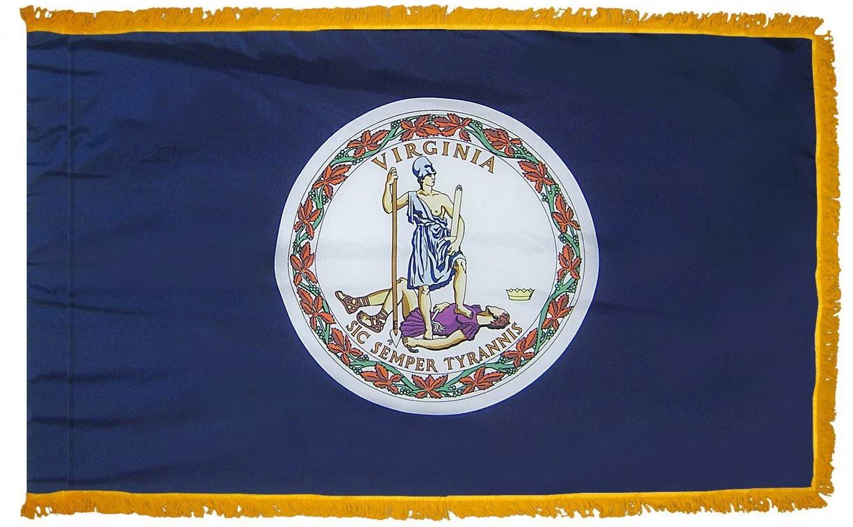 Virginia State Flag 4' x 6' INDOOR Printed Nylon with emblem of a man holding a spear, yellow fringe, and NYL-GLO Nylon flannel lined pole sleeve.