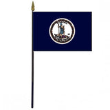 Virginia Stick Flag - 4 x 6 Desktop Flag featuring a round emblem of a person holding a staff, mounted on a plastic stick with a gold spear finial.