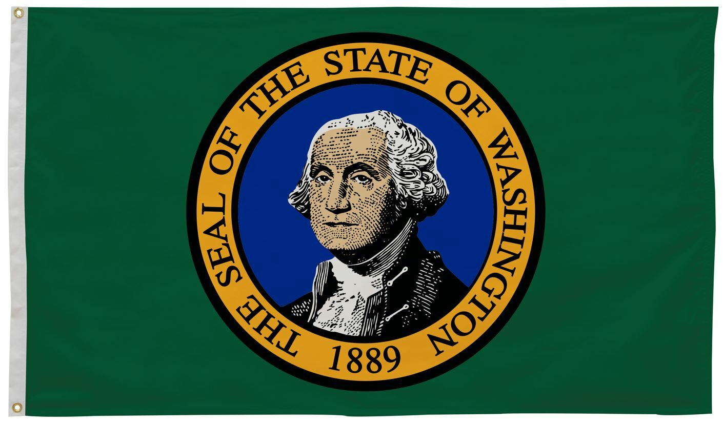 Washington State Flag 2' x 3' Printed Nylon featuring a portrait of George Washington, strong canvas header, and brass grommets for outdoor use.