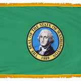 Washington State Flag 3' x 5' INDOOR Printed Nylon, featuring a green field with a yellow fringe, close-up details, and a pole sleeve with Velcro tabs.