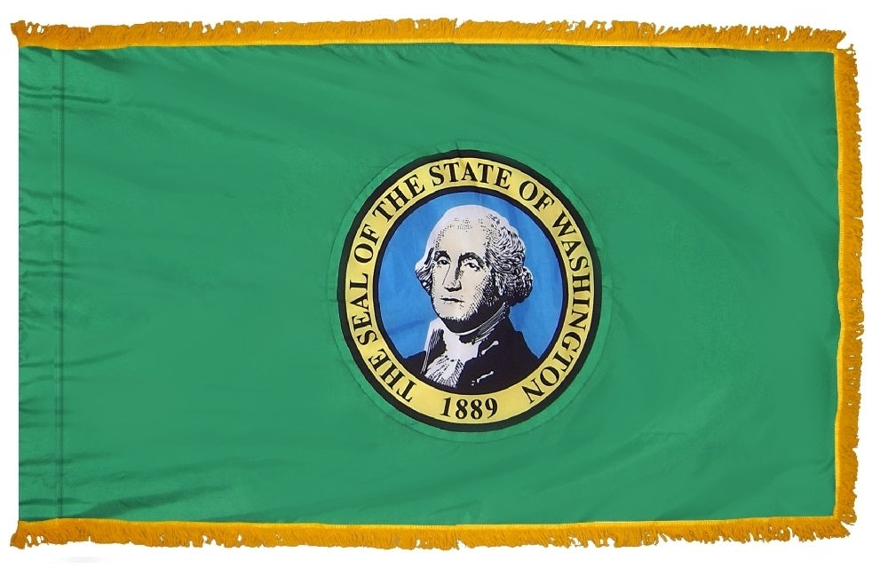 Washington State Flag 3' x 5' INDOOR Printed Nylon, featuring a green field with a yellow fringe, close-up details, and a pole sleeve with Velcro tabs.