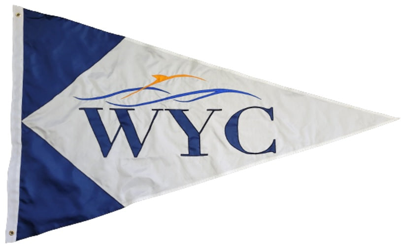 Custom SEWN Applique PENNANT featuring a white and blue triangle design, made with UV-resistant nylon, strong header, and brass grommets.