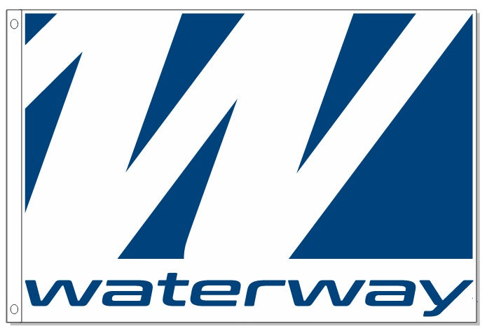 Custom PRINTED NYLON Personalized Flags featuring a blue and white logo, ideal for businesses, organizations, and boats. Available in various sizes and styles, made in the USA.