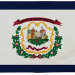 West Virginia State Flag 5' x 8' Printed Nylon featuring a blue border, coat of arms with men, and brass grommets for outdoor use.