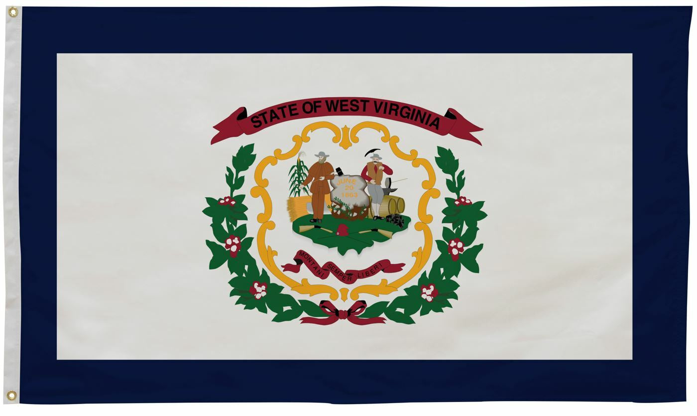 West Virginia State Flag 5' x 8' Printed Nylon featuring a blue border, coat of arms with men, and brass grommets for outdoor use.