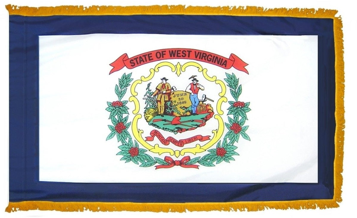 West Virginia State Flag 3' x 5' INDOOR Printed Nylon with yellow fringe, showing the state's emblem and a diagonal crimson cross on a white field.