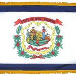 West Virginia State Flag 3' x 5' INDOOR Printed Nylon with yellow fringe, showing the state's emblem and a diagonal crimson cross on a white field.